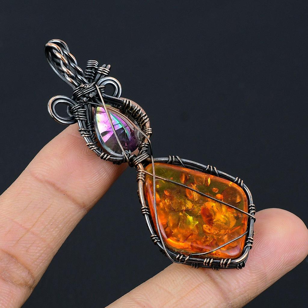 Baltic Amber & Mystic Topaz Pendant, 999 Copper Wire Wrapped Gemstone Jewelry, Handmade Pendant For Mother Day