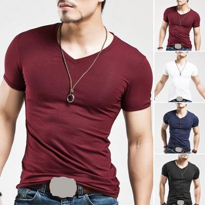 Men Summer Fitness T-shirt Solid Color Seamless V Neck Short Sleeves Stretchy Soft Breathable Quick-drying Pullover Casual Men Gym Sport Top