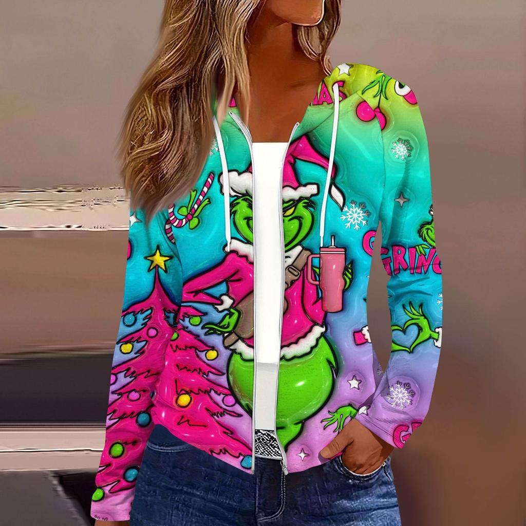 Dámská móda Vánoční potisk Ležérní rozepínací bunda s dlouhým rukávem a kapucí