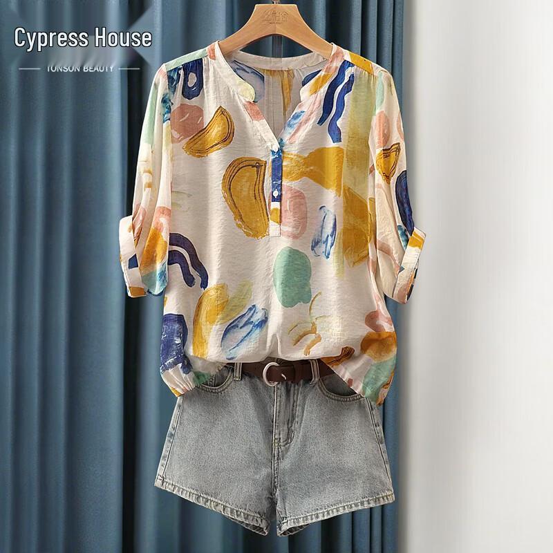 Sibaishi Women s V-Neck Printed Loose Lightweight Shirt M