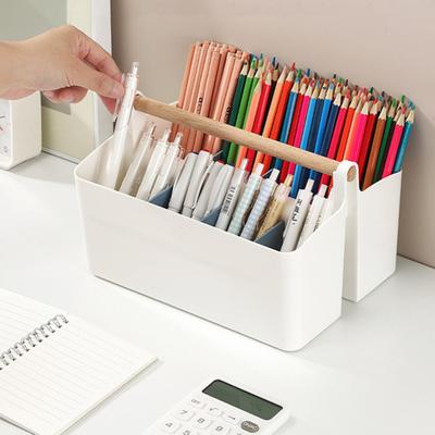 Kunststoff-Caddy für den Schreibtisch mit Holzgriff, Behälter für Künstlerbedarf mit verstellbaren Trennwänden, Aufbewahrungstasche für Make-up-Korb für Buntstifte und Pinsel