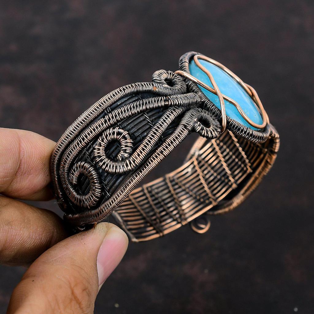 Smithsonite Copper Cuff Bracelet Copper Wire Wrapped Bangle Natural Gemstone Cuff Adjustable Bangle Handmade Copper Jewelry Anniversary Gift