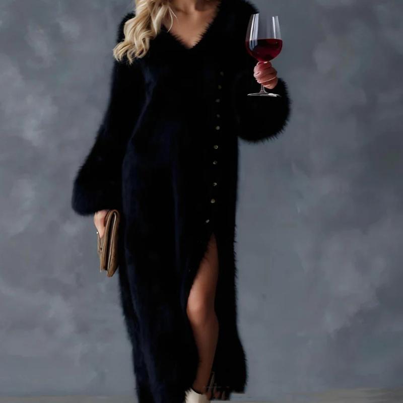 Elegant V-neck Long Sleeve Plush Long Dress Fashion Button Decorated Loose White Dress Autumn Winter Lady Sexy Split Party