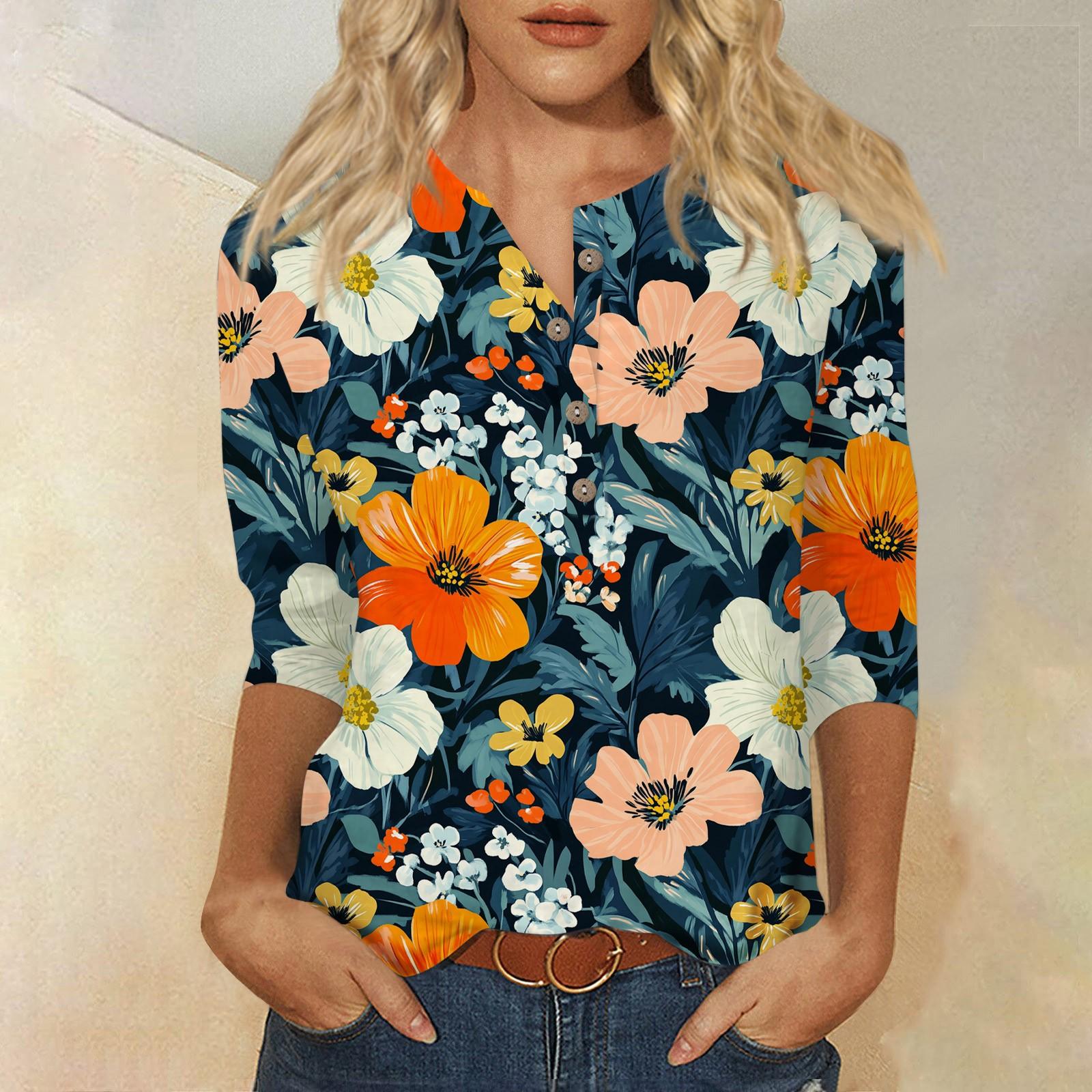 

Женский свободный повседневный топ с рукавом семь четвертей и цветочным принтом с круглым вырезом на пуговицах L