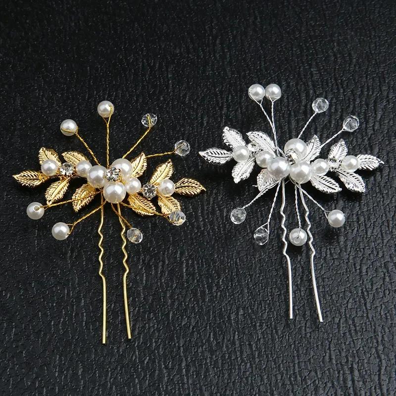 Pearl Flower Hairpin Side Comb Wedding Hair Accessories Leaf Shaped Tiaras Bride Insert Hair Clip Jewelry Fashion Headwear