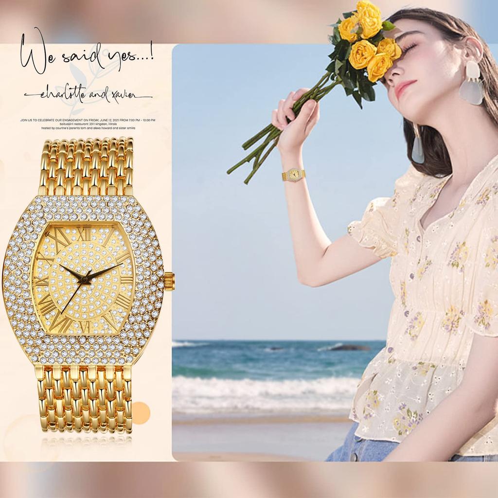 Herren-Gold-Analoguhr mit römischen Ziffern und wasserdichtem, funkelndem Edelstahlarmband für Freizeit und Business - Perfektes Geschenk für den Vater