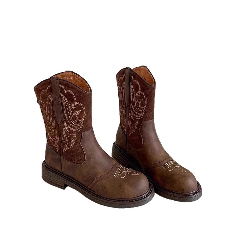 British Style Retro European and American Embroidery Western Cowboy Boots Women's Retro Summer Knight Boots Short Boots Ethnic Style Martin Boots