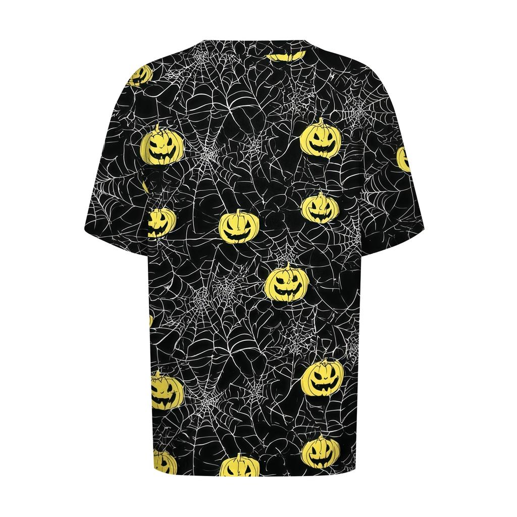 Women's Casual Short Sleeve Halloween Pullover Top with Spider Web and Pumpkin Print Round Neck Blouse for Fall Seasonal Wear