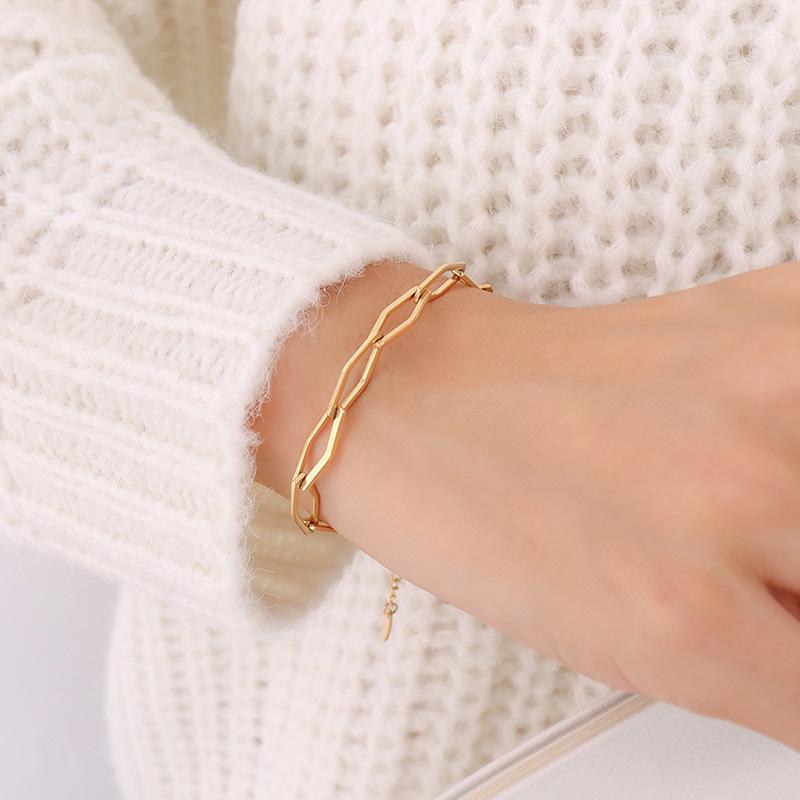18K Gold Plated Titanium Steel Geometric Chain Bracelet  Necklace Set - European Hip-Hop Style