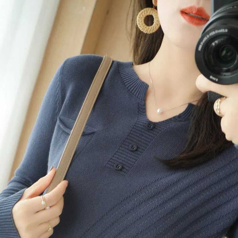 Thin Versatile Pullover Casual Sweater Women's V-Neck 100% Cotton Bottoming Shirt Loose Long Sleeve T-Shirt Knit Sweater