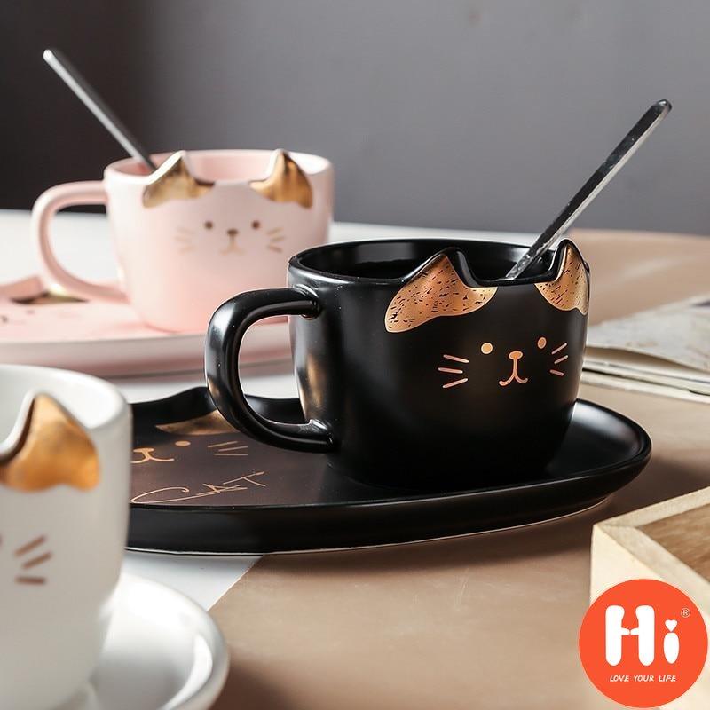 Hi Ceramic Coffee Cup With Saucer Spoon Cartoon Cat Teacup Breakfast Milk Mug Bread Dessert Dish Gift