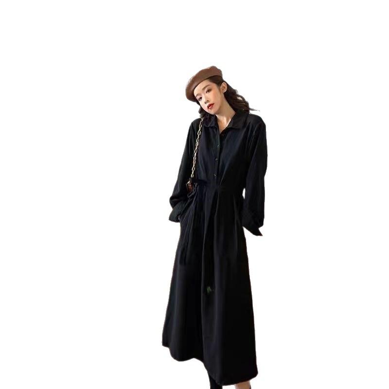 Hepburn Style Black Waist-Cinching Slim Long Dress - Classic Versatile Autumn/Winter Korean Shirt Collar Dress for Women