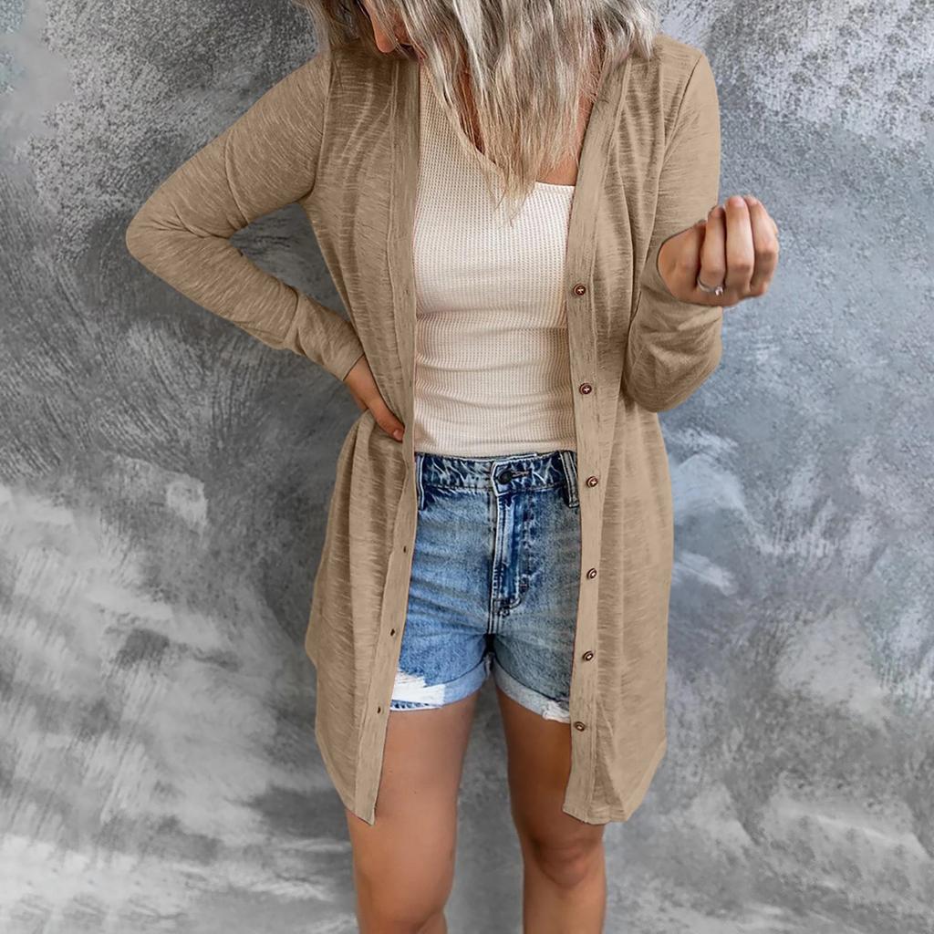 Women Long Sleeve Button Front Cardigan Mid Length Open Front Knit Sweater Lightweight Casual Outerwear