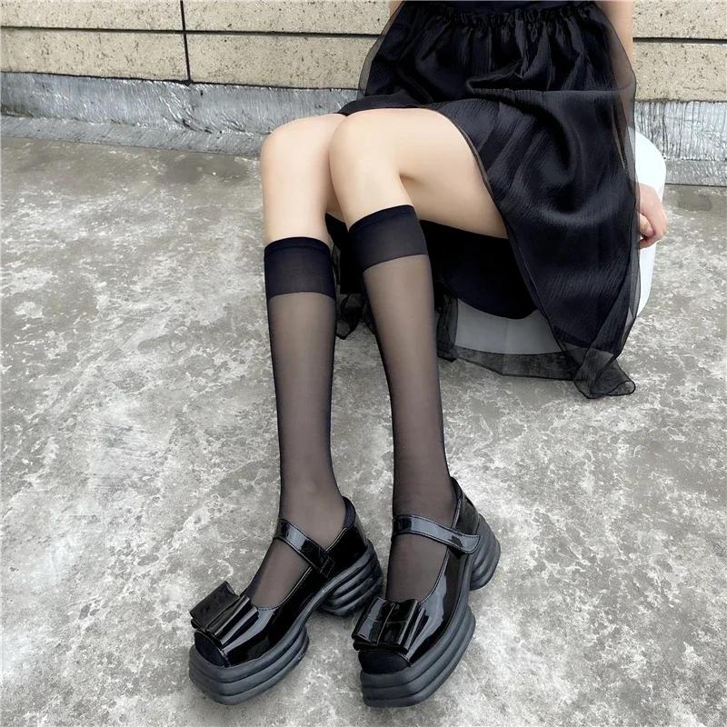 1/2pairs Lolita Silk Socks Knee Sock Tube Jk Girls Socks See Through White Black Long Sock Lolita Nylon Knee Lolita Stockings