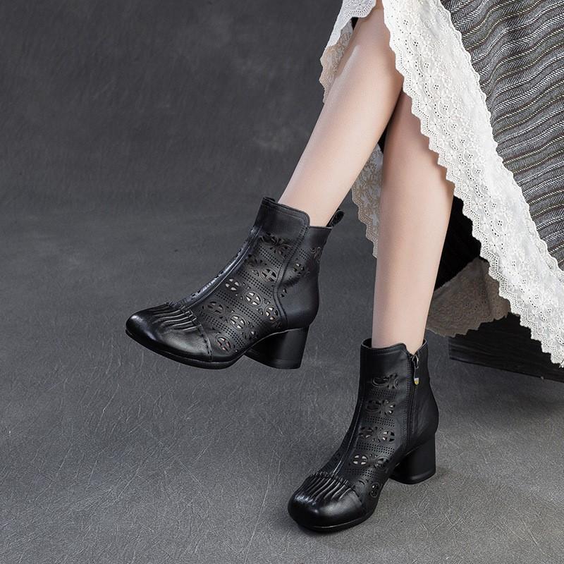Fashion GKITINOO 2025 Summer New Commuter Thick Heel Genuine Leather Hollow-out Breathable Short Boots Vintage Women's Shoes