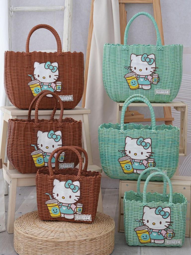 Adorable Cat Woven Tote Bag - Square Handmade Basket for Shopping & Everyday Use