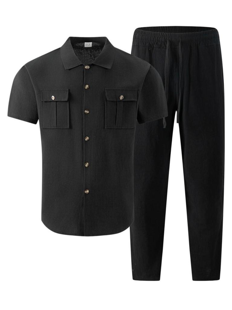 Men's Casual Linen Beachwear Set: Short Sleeve Shirt & Long Pants with Double Pockets