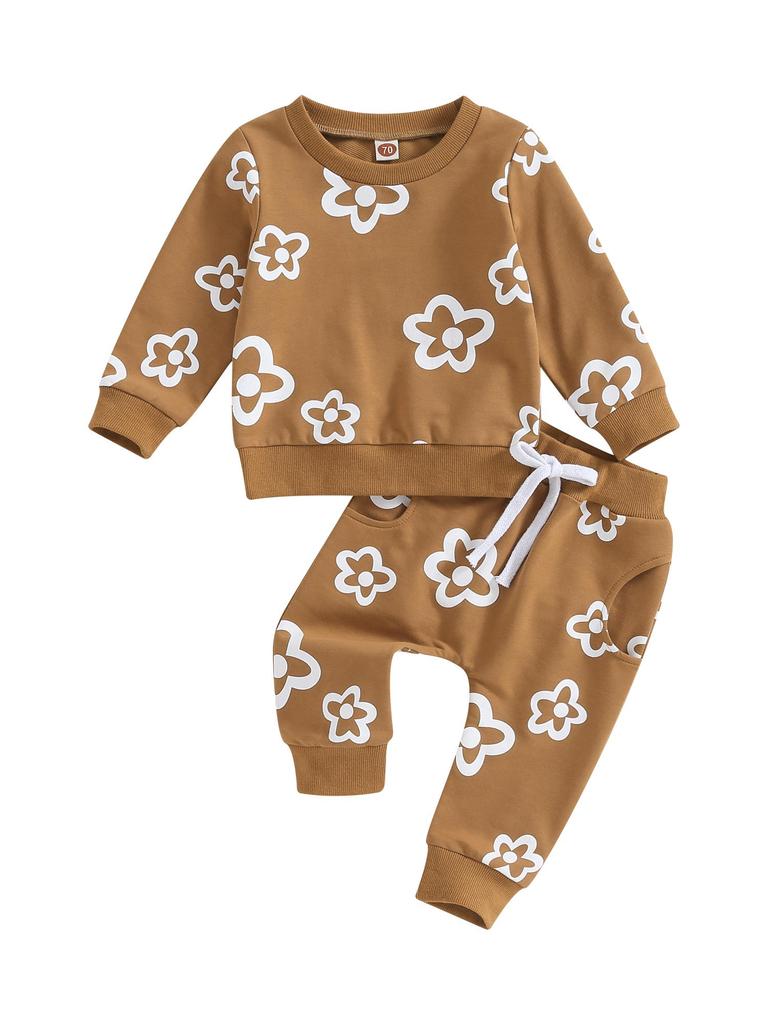 2-teiliges Baby-Mädchen-Outfit, 6 12 18 24, Blumendruck, langärmeliges Sweatshirt mit Rundhalsausschnitt und elastischer Taille, Jogginghose, Herbstkleidung