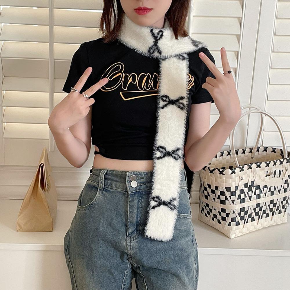 Long Bow Knitted Neckerchief Slender Color Blocked Neck Cover Y2k Double-sided Scarf Autumn