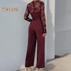 Damen Langarm-Jumpsuit aus Spitze, formeller Jumpsuit mit hoher Taille und weitem Bein, Strampler mit Gürtel, Sommer-Overall-Outfit