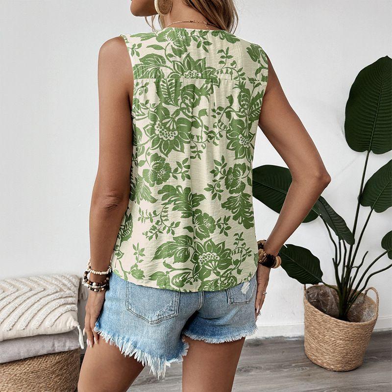 Sleeveless Shirt2025 Summer New European and American Women's Print Pleat Lace-up Sleeveless Shirts Top