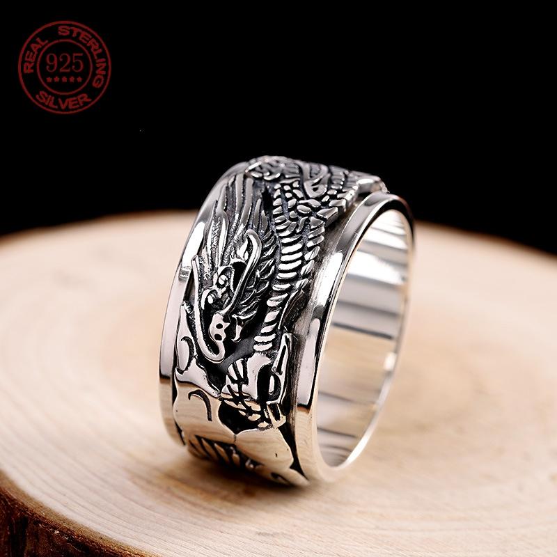 Handgefertigter 12mm Breiter Echter S925 Sterling Silber Glücksdrache Doppellagig Drehbar Geschlossener Drachenring für Mann Frau Feiner Schmuck