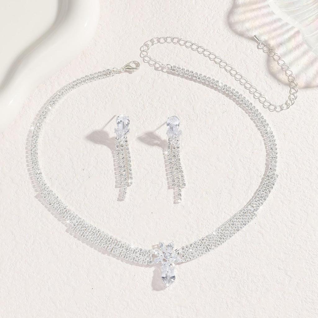 European & American Style Zirconia Necklace & Earrings Set - Full Diamond Wedding Jewelry