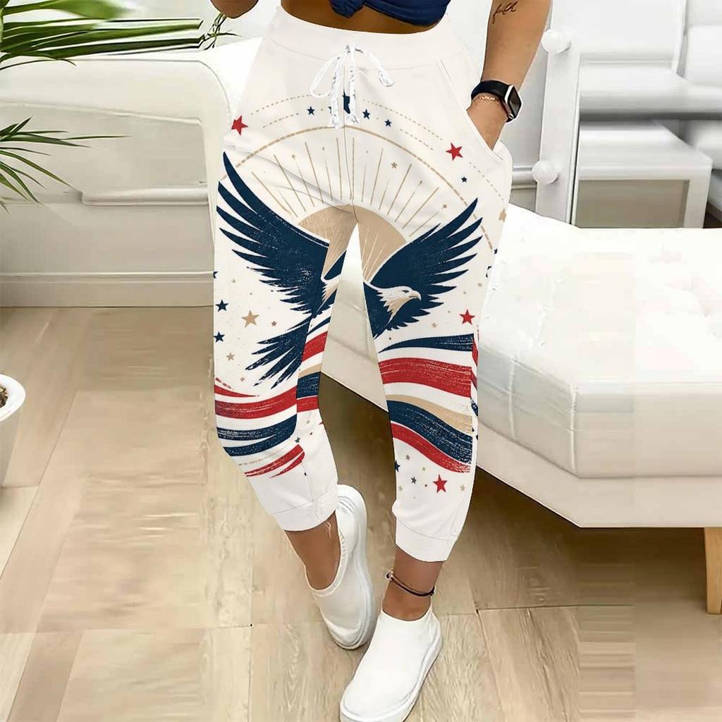 Women Plus Size Navy Blue Printed Jogger Pants Drawstring Waist Side Pockets Cuffed Ankle