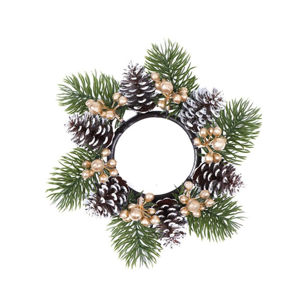 Christmas Candle Rings Wreaths Artificial Norfolk Pine Branches Red Berry Branch Candle Holder Rings Decoration for Centerpieces