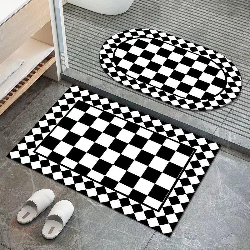 Simple Wind Diatomaceous Mud Checkerboard Bathroom Floor Mat Black and White Lattice Absorbent Non-slip Mat Kitchen Door Quick-drying Mat
