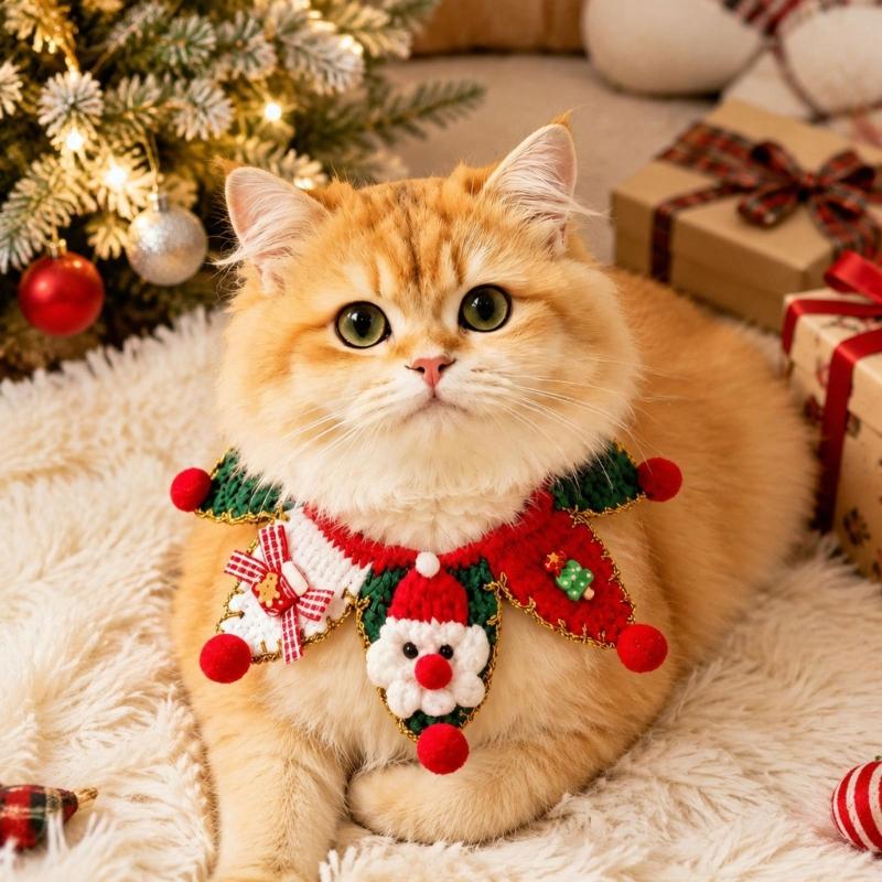 Holiday Dog Cats Neck Scarf with Christmas Character, Triangular Fabric Neckwear for Family Gathering, Seasonal Photos, and Pet Styling