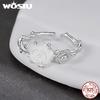 WOSTU S925 Silver Natural White Shell Rose Ring Earrings For Women Wedding Jewelry Set Flower Open Ring Earring Valentine Gift