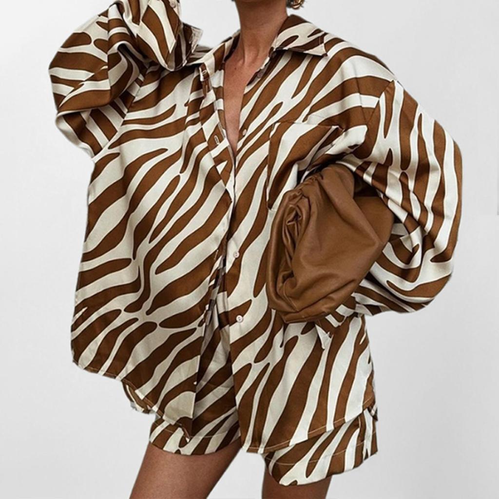 Women's Loose Fit Two-piece Outfit Set Long Sleeve Shirt Elastic Waist Zebra Print Shorts Suit