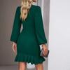 Autumn Winter Solid Knitted Dress Women High Waist Shirring Puff Long Sleeve Sweater Dress Elegant O-neck Office Lady Hip-wrap Dresses 30056