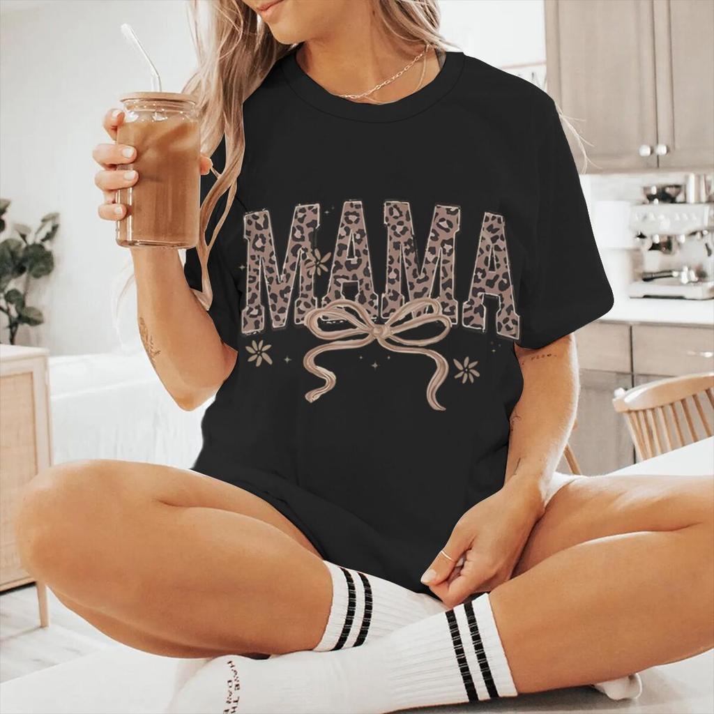 Coquette Bow Leopard Print Mama T Shirt Short Sleeve Womens Mom Life Shirt Casual Vintage Western Style Mama Tshirts