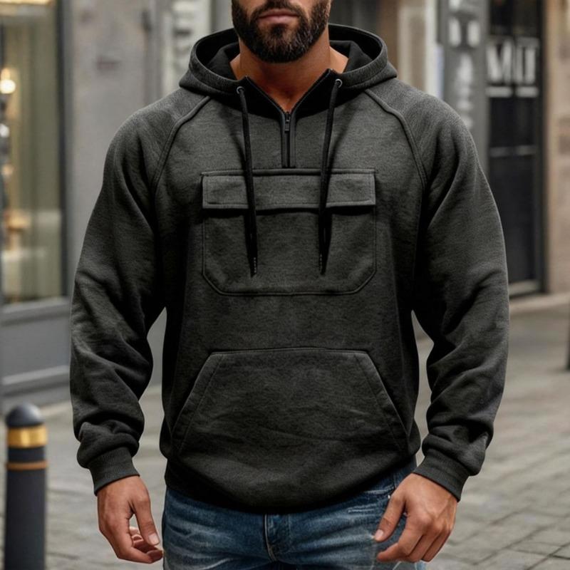 Men Half Zip Hooded Multi Pocket Cargo Sweatshirt