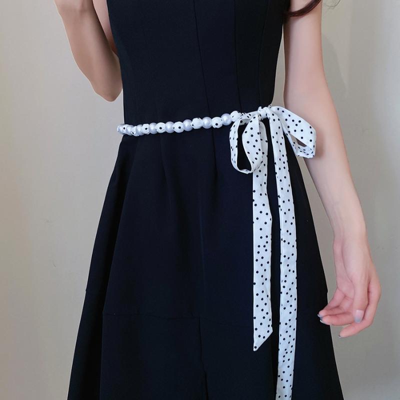 Fashion Vintage Polka Dot Long Silk Scarf Pearl Waist Chain Luxurious Design Belt Exquisite Clothing Accessories