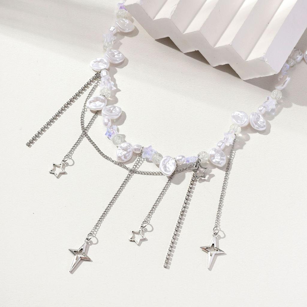 European and American fashion cold wind pentagram cross star fringed pendant imitation pearl necklace high sense personality collarbone chain