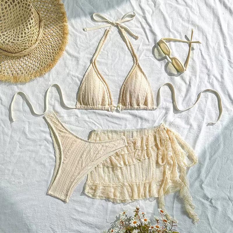 

Sexy 3-Piece Bikini Set Women Swimwear Swimsuit Push Up Pleated Solid Backless Bikinis Suit Bathing Suit Beach Bikini XL бежевый