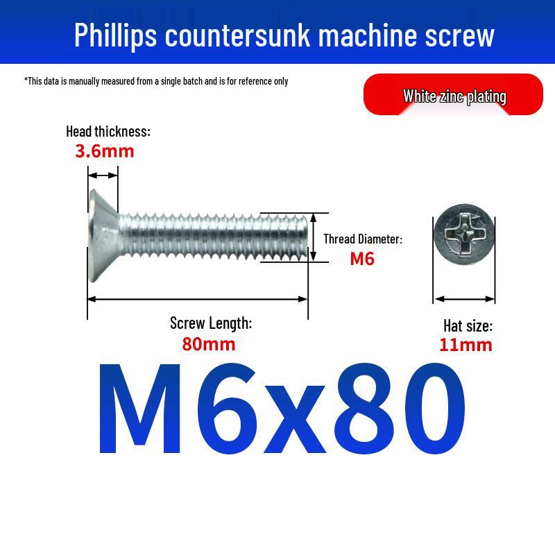 White Zinc Plated Cross Recessed Countersunk Head Screws & Bolts, Machine Thread, M3-M12