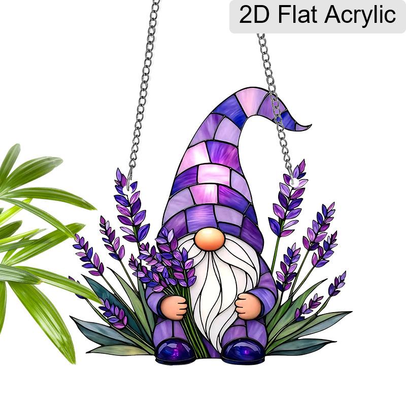 Acrylic Lavender Gnome Suncatcher, Stained Glass Effect Window Hanging Ornament for Whimsical & Floral Lover Gifts