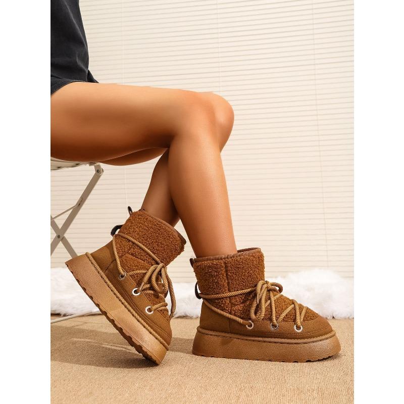 Women's New Winter Fleece Lined Thickened Elevated Chunky Sole Lace Up Fashionable Warm Cotton Boots