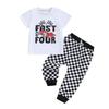 Baby Boys Birthday Outfit Summer Racing Car Print Short Sleeve T-Shirt and Checkerboard Pants Cute Clothes Set