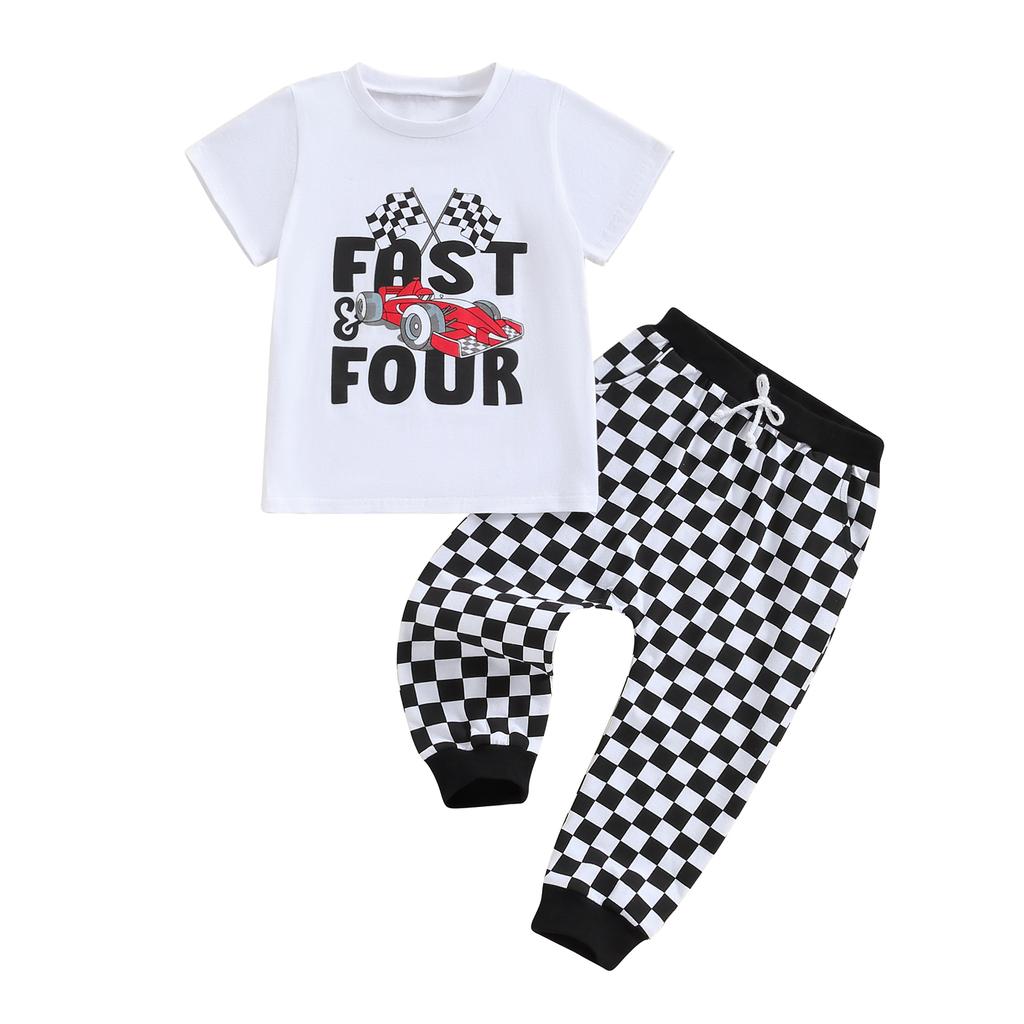 Baby Boys Birthday Outfit Summer Racing Car Print Short Sleeve T-Shirt and Checkerboard Pants Cute Clothes Set