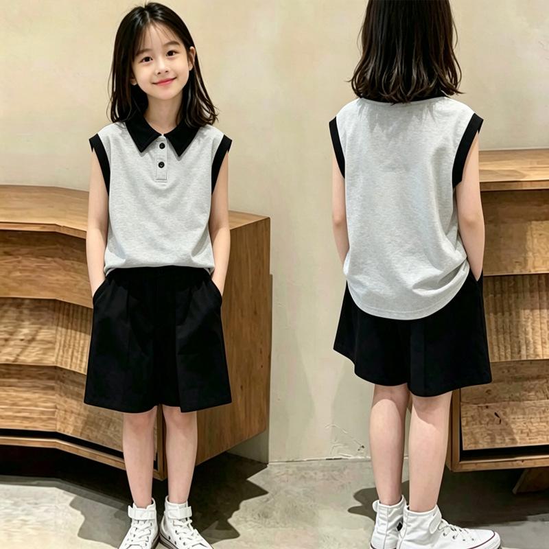 Girls' Trendy Color Block Sleeveless Polo Set - Casual Summer Two-Piece for Ages 6-12