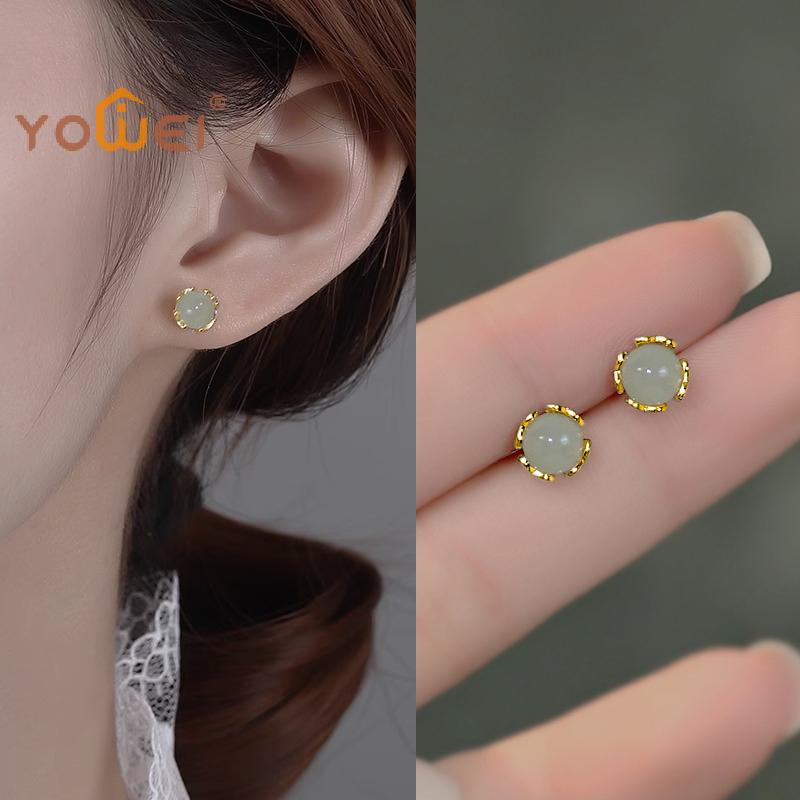 Elegant Small Stud Earrings with Retro Chinese Style Imitation Jade; Beautiful Green Beaded Gift for Women