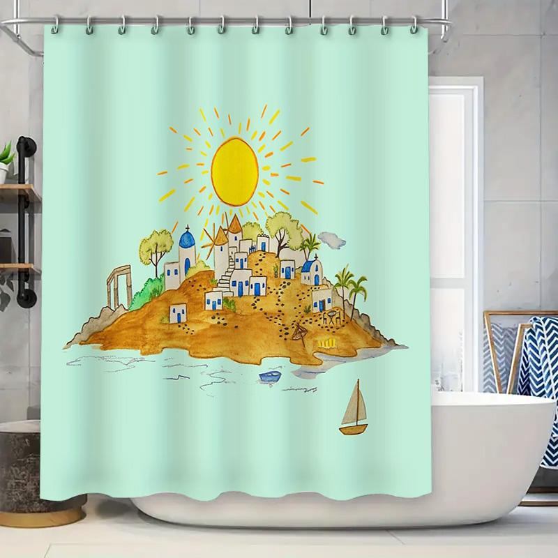 

Mediterranean Coastal Shower Curtain Beach House Decor Ocean View Teal Blue Bathroom Fabric Art Print Scenic Wall Hanging W60H190(CM)-1 Pcs