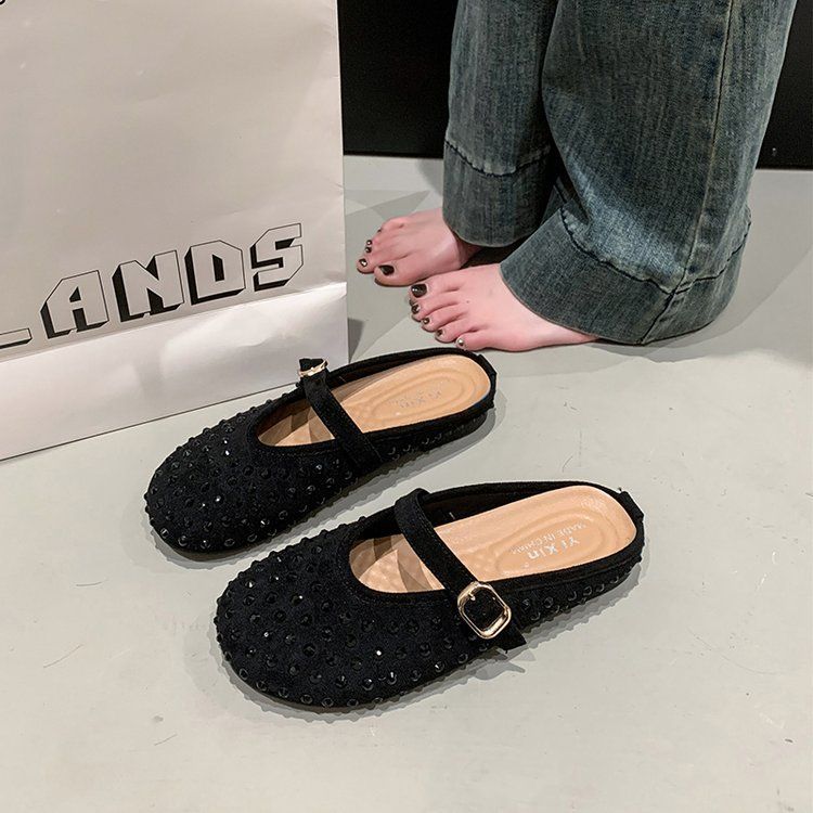 

Женские баотоу полутапочки весенняя пряжка круглая головка одиночные туфли сто плоских тапочек 35 чёрный