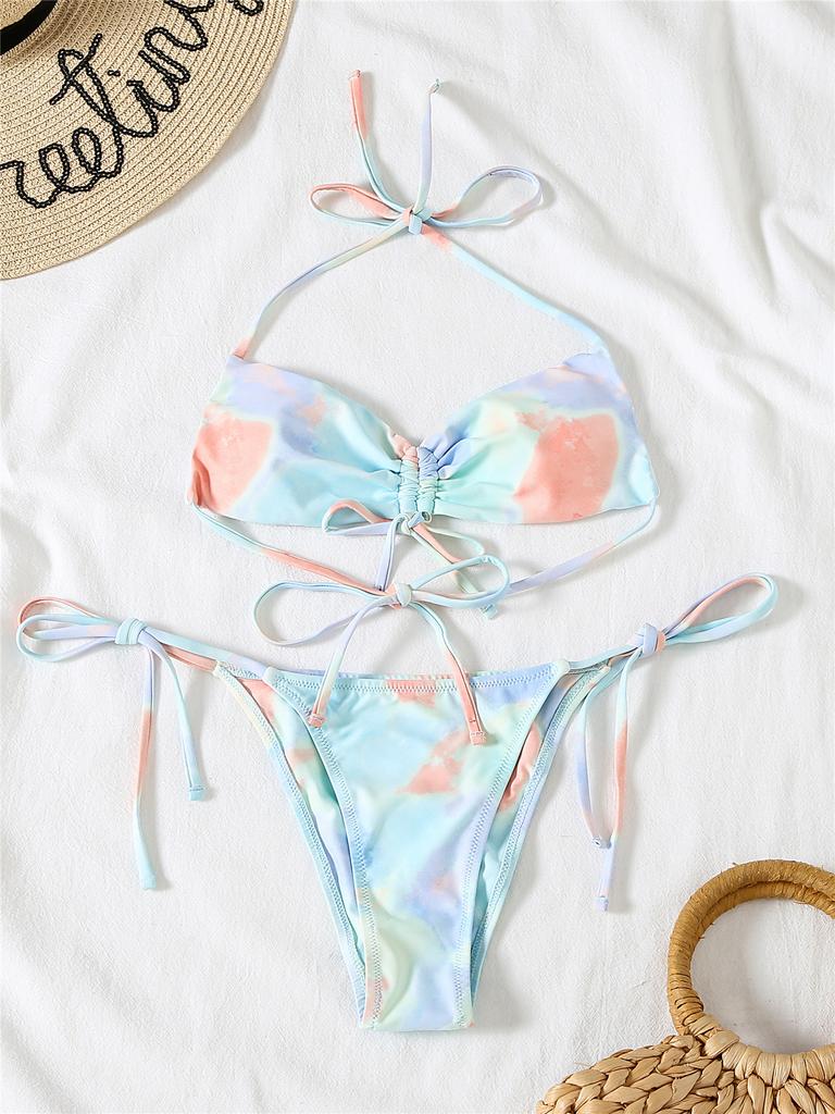 European beautiful women split swimsuit lace-up sexy neck tie-dye bikini 9911