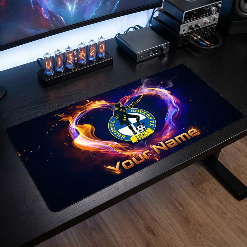 Bristol Rovers Custom Large Mouse Pad, Personalized Name Text Print, Football Logo Non‑Slip Desk Mat Gaming Gift